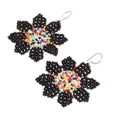 Beaded dangle earrings, 'Floral Delight in Black' - Floral Glass Beaded Dangle Earrings Handmade in Guatemala