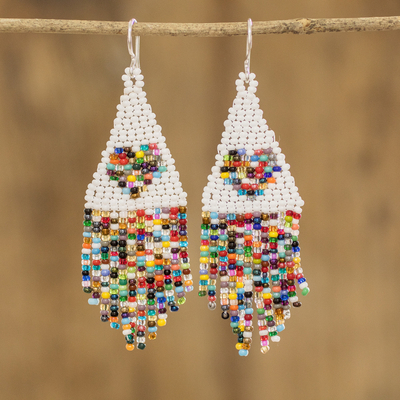 Beaded waterfall earrings, 'Multicolored Triangles' - Multicolored Triangle Heart Glass Beaded Dangle Earrings