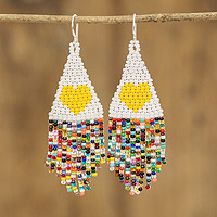 Beaded waterfall earrings, 'Yellow Triangles' - Multi-colored Triangle Heart Glass Beaded Waterfall Earrings