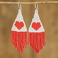 Beaded waterfall earrings, 'Red Triangles' - Red and White Triangle Heart Glass Beaded Dangle Earrings