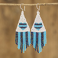Beaded waterfall earrings, 'Blue Triangles' - Blue and White Triangle Heart Glass Beaded Dangle Earrings
