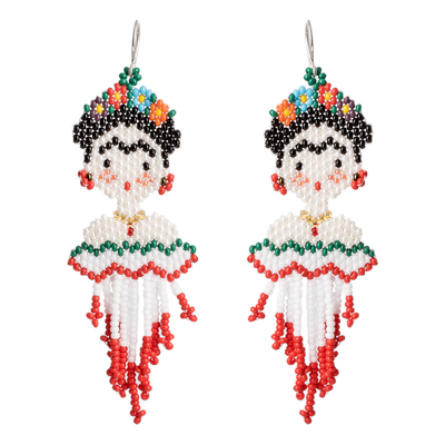 Beaded dangle earrings, 'Kahlo' - Handmade Frida Kahlo Glass Bead Earrings from Guatemala