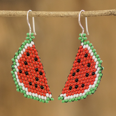 Perlenohrringe, 'Fruchtige Frische' - Handgefertigte Wassermelonen-Glasperlen-Ohrringe aus Guatemala