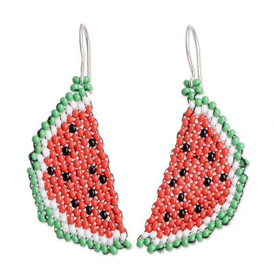 Beaded dangle earrings, 'Fruity Freshness' - Handmade Watermelon Glass Bead Earrings from Guatemala
