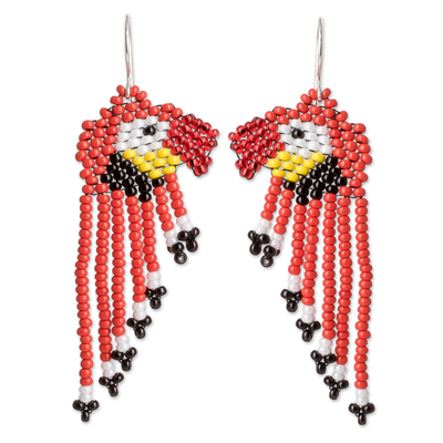 Beaded waterfall earrings, 'Macaws in Red' - Guatemalan Artisan Crafted Glass Beaded Waterfall Earrings