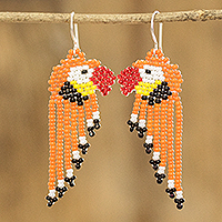 Beaded waterfall earrings, 'Macaws in Orange' - Handmade Glass Beaded Silver Hook Waterfall Earrings