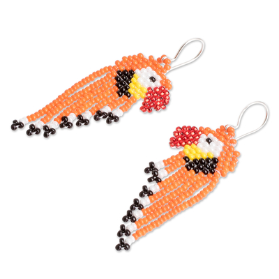 Beaded waterfall earrings, 'Macaws in Orange' - Handmade Glass Beaded Silver Hook Waterfall Earrings