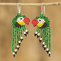 Beaded waterfall earrings, 'Macaws in Green' - Guatemalan Artisan Made Glass Beaded Waterfall Earrings
