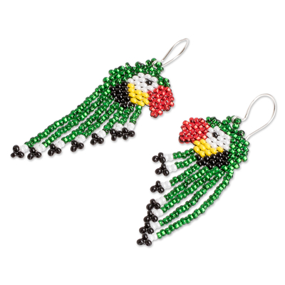 Beaded waterfall earrings, 'Macaws in Green' - Guatemalan Artisan Made Glass Beaded Waterfall Earrings