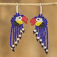 Beaded waterfall earrings, 'Macaws in Blue' - Cute Handmade Glass Beaded Waterfall Earrings from Guatemala