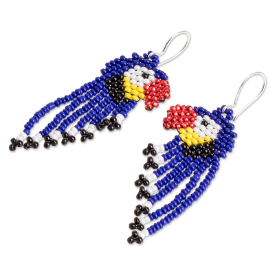 Beaded waterfall earrings, 'Macaws in Blue' - Cute Handmade Glass Beaded Waterfall Earrings from Guatemala