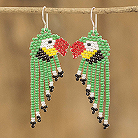 Beaded waterfall earrings, 'Macaws in Mint' - Handmade Tropical Animal-Themed Beaded Waterfall Earrings