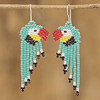Beaded waterfall earrings, 'Macaws in Aqua' - Guatemalan Parrot-Themed Glass Beaded Waterfall Earrings