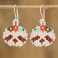 Beaded dangle earrings, 'Bright  Floral Sloth' - Guatemalan Handmade Beaded Dangle Earrings with Animal Theme