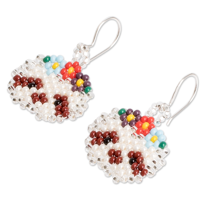 Beaded dangle earrings, 'Bright  Floral Sloth' - Guatemalan Handmade Beaded Dangle Earrings with Animal Theme