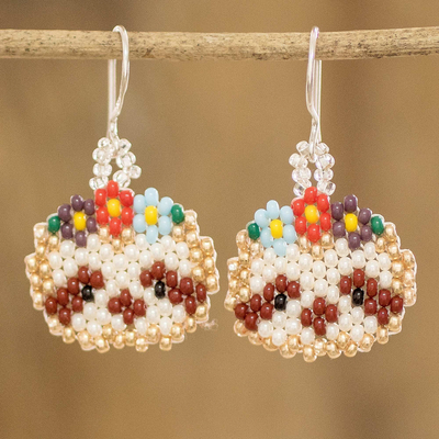 Beaded dangle earrings, 'Golden Floral Sloth' - Guatemalan Handmade Wildlife-Themed Beaded Dangle Earrings