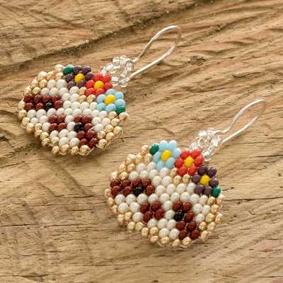 Beaded dangle earrings, 'Golden Floral Sloth' - Guatemalan Handmade Wildlife-Themed Beaded Dangle Earrings
