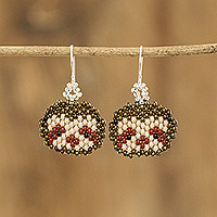 Beaded dangle earrings, 'Brown Sloth' - Guatemalan Artisan Made Beaded Silver Hook Dangle Earrings