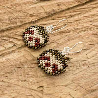 Beaded dangle earrings, 'Brown Sloth' - Guatemalan Artisan Made Beaded Silver Hook Dangle Earrings
