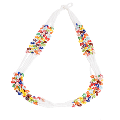 Beaded necklace, 'Flower Festival in White' - Artisan Crafted Floral Glass Beaded Necklace from Guatemala