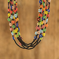 Beaded necklace, 'Flower Festival in Black' - Artisan Handmade Beaded Necklace from Guatemala with Flowers