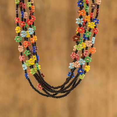 Beaded necklace, 'Flower Festival in Black' - Artisan Handmade Beaded Necklace from Guatemala with Flowers