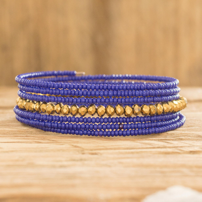 Beaded wrap bracelet, 'Spiral in Blue' - Handmade Crystal and Glass Beaded Wrap Bracelet in Blue