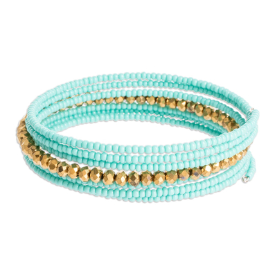 Beaded wrap bracelet, 'Spiral in Aqua' - Handmade Crystal and Glass Beaded Wrap Bracelet in Aqua