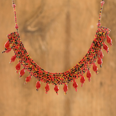 Beaded statement necklace, 'Rosehips in Red' - Guatemalan Artisan Crafted Red Beaded Statement Necklace