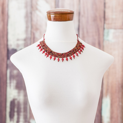 Beaded statement necklace, 'Rosehips in Red' - Guatemalan Artisan Crafted Red Beaded Statement Necklace