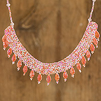 Beaded statement necklace, 'Rosehips in Pink'