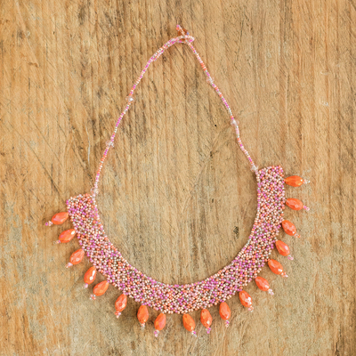 Beaded statement necklace, 'Rosehips in Pink' - Handmade Pink Beaded Statement Necklace from Guatemala