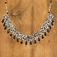 Beaded statement necklace, 'Rosehips in Black'