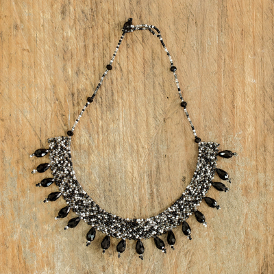 Beaded statement necklace, 'Rosehips in Black' - Handmade Guatemalan Dark Beaded Statement Necklace