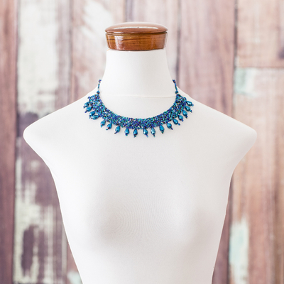 Beaded statement necklace, 'Rosehips in Blue' - Artisan Crafted Guatemalan Blue Beaded Statement Necklace