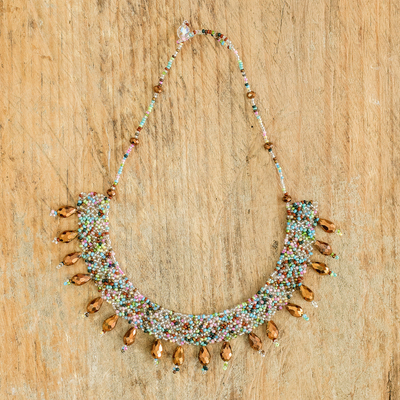 Beaded statement necklace, 'Rosehips in Autumn' - Guatemalan Golden Crystal Beaded Statement Necklace