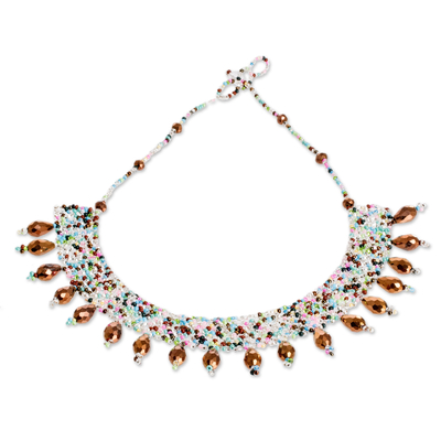 Beaded statement necklace, 'Rosehips in Autumn' - Guatemalan Golden Crystal Beaded Statement Necklace