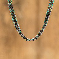 Glass and crystal beaded necklace, 'Midnight Pond' - Glass and Crystal Beaded Necklace in Black and Aquamarine
