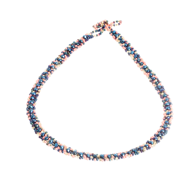 Glass and Crystal Beaded Necklace in Pink and Blue
