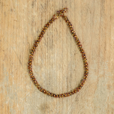 Glass and crystal beaded necklace, 'Luminous Comet' - Handcrafted Glass and Crystal Beaded Necklace in Brown