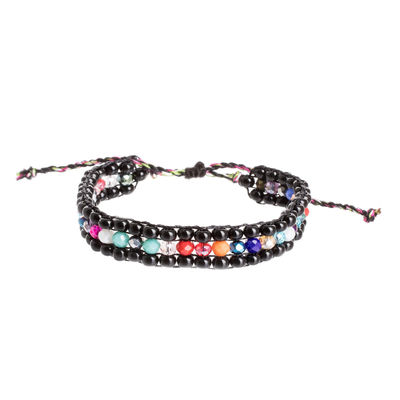 Beaded bracelet, 'Dreams in Black' - Multicolor Glass and Crystal Beaded Bracelet from Guatemala