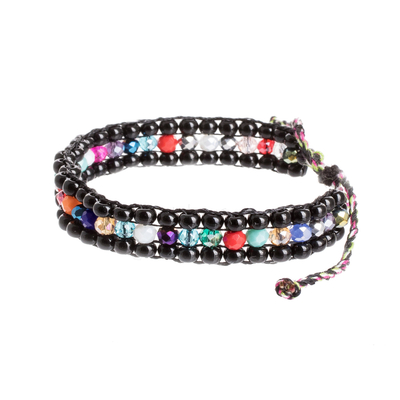 Beaded bracelet, 'Dreams in Black' - Multicolour Glass and Crystal Beaded Bracelet from Guatemala