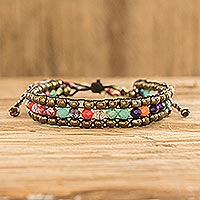 Beaded bracelet, 'Dreams in Brown' - Colorful Glass and Crystal Beaded Bracelet from Guatemala