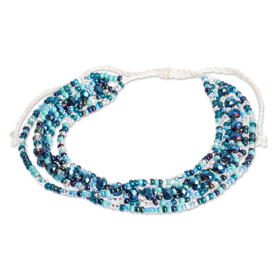 Adjustable Blue Crystal and Glass Beaded Wristband Bracelet