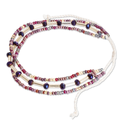 Beaded wristband bracelet, 'Inspiration in Purple' - Adjustable Crystal and Glass Beaded Wristband Bracelet