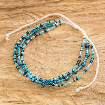 Beaded wristband bracelet, 'Inspiration in Blue' - Adjustable Crystal and Glass Beaded Blue Wristband Bracelet