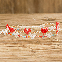 Beaded wristband bracelet, 'Love is Sweet' - Heart-themed Handcrafted Glass Beaded Wristband Bracelet