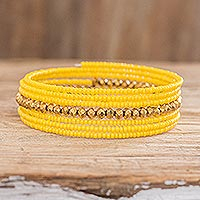 Beaded wrap bracelet, 'Spiral in Yellow' - Handmade Crystal and Glass Beaded Wrap Bracelet in Yellow