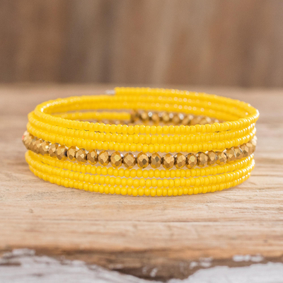 Beaded wrap bracelet, 'Spiral in Yellow' - Handmade Crystal and Glass Beaded Wrap Bracelet in Yellow