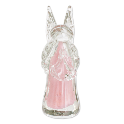 Blown glass figurine, 'Pink Crystal Angel' - Handblown Recycled Glass Figurine Sculpture in Pink